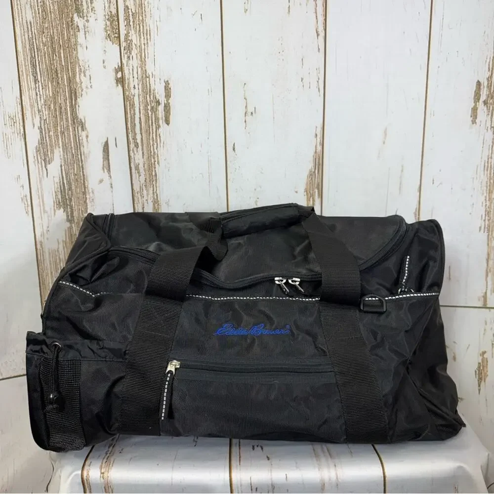 Eddie Bauer Black Carry On Duffel Bag with Blue Logo, Good used condition!